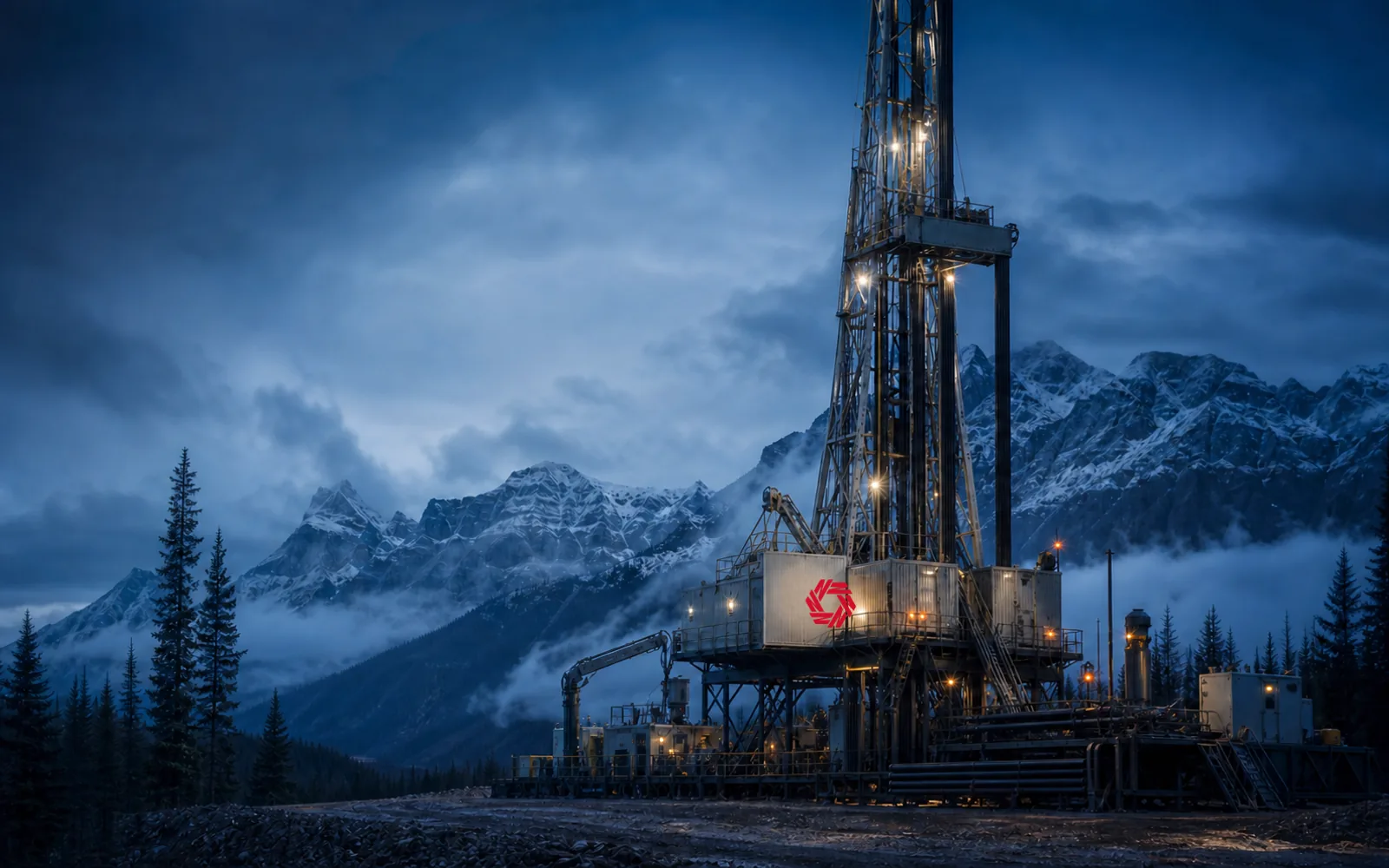 Conceptual editorial scene of a Northstar-branded service rig in a blue-hour mountain valley.