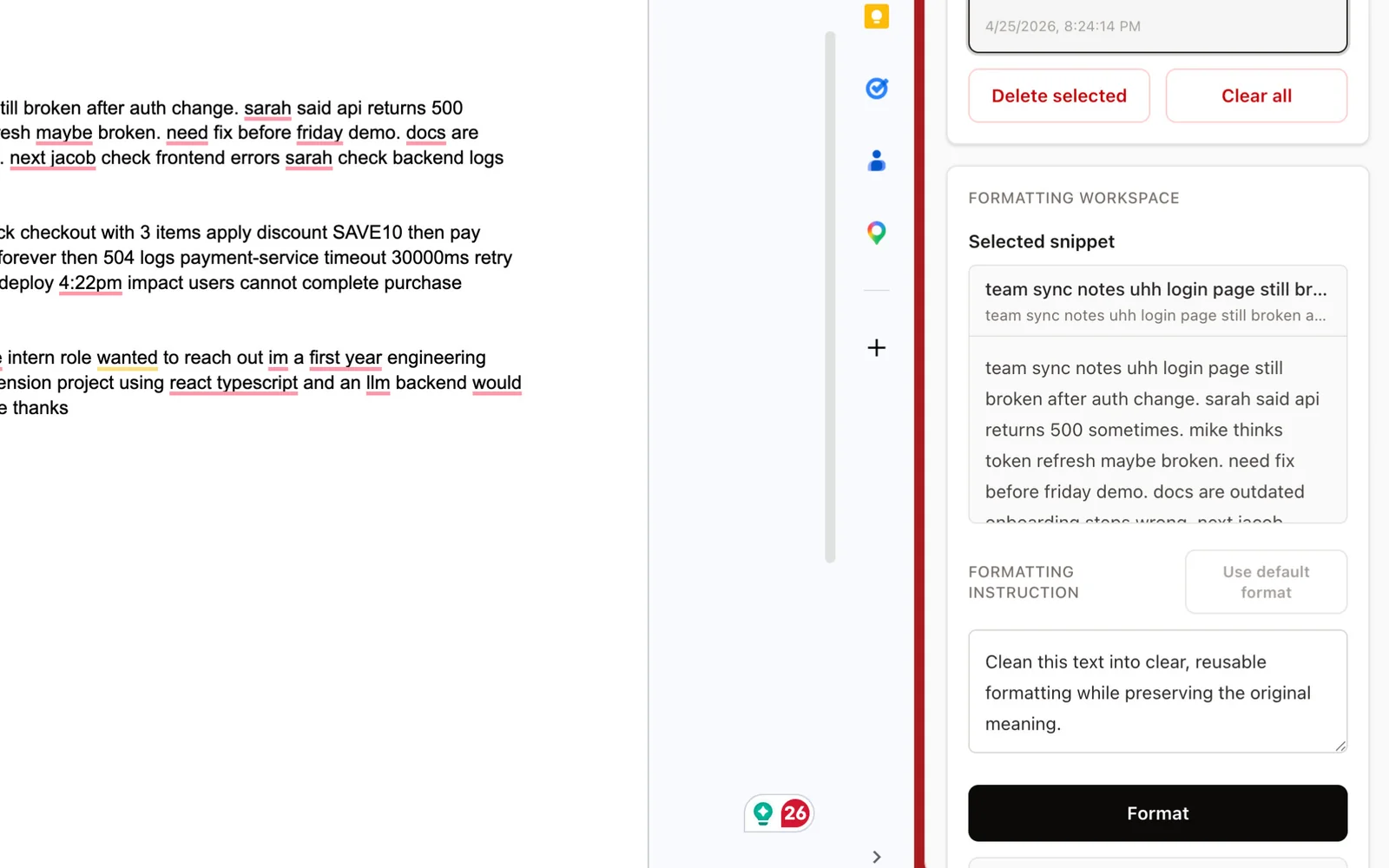 FormatClip Chrome extension side panel showing a saved snippet, a formatting instruction, and the explicit Format action.